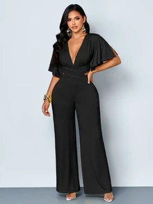 SOLERSUN Women's Solid Color Deep V Neck Ruched Waist Cutout Flowy Sleeve Wide Leg Jumpsuit - Black - View 5