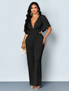 SOLERSUN Women's Solid Color Deep V Neck Ruched Waist Cutout Flowy Sleeve Wide Leg Jumpsuit - Black - View 4