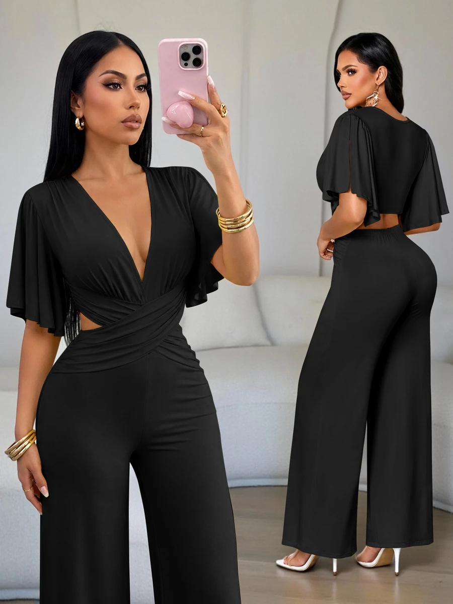 SOLERSUN Women's Solid Color Deep V Neck Ruched Waist Cutout Flowy Sleeve Wide Leg Jumpsuit - Black - View 1