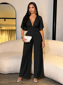 SOLERSUN Women's Solid Color Deep V Neck Ruched Waist Cutout Flowy Sleeve Wide Leg Jumpsuit - Black - View 8
