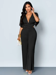 SOLERSUN Women's Solid Color Deep V Neck Ruched Waist Cutout Flowy Sleeve Wide Leg Jumpsuit - Black - View 3