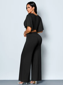SOLERSUN Women's Solid Color Deep V Neck Ruched Waist Cutout Flowy Sleeve Wide Leg Jumpsuit - Black - View 2