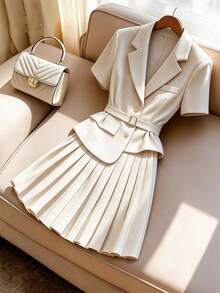 GlowEve CURVE Plus Size Women's Elegant Solid Color Suit Set, White/Apricot Short Sleeve Blazer + Pleated Suit Skirt, Button Belt Design, Suitable For Daily Commute, Date, Party, And Formal Occasions - Apricot - View 6