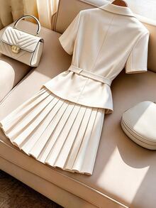 GlowEve CURVE Plus Size Women's Elegant Solid Color Suit Set, White/Apricot Short Sleeve Blazer + Pleated Suit Skirt, Button Belt Design, Suitable For Daily Commute, Date, Party, And Formal Occasions - Apricot - View 2