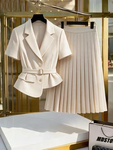 GlowEve CURVE Plus Size Women's Elegant Solid Color Suit Set, White/Apricot Short Sleeve Blazer + Pleated Suit Skirt, Button Belt Design, Suitable For Daily Commute, Date, Party, And Formal Occasions - Apricot - View 5