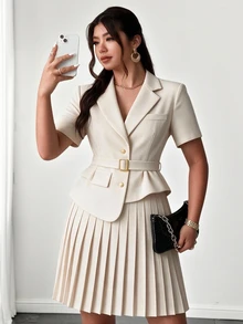 GlowEve CURVE Plus Size Women's Elegant Solid Color Suit Set, White/Apricot Short Sleeve Blazer + Pleated Suit Skirt, Button Belt Design, Suitable For Daily Commute, Date, Party, And Formal Occasions - Apricot - View 1
