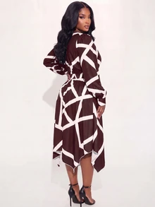 Poshavie Poshavie Plus Size Women's Premium Elegant Artistic Dress, Fashion Long Sleeve V-Neck Cinched Waist Flowy Midi Dress, Suitable For Dating, Afternoon Tea, Commuting - Brown - View 2