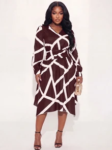 Poshavie Poshavie Plus Size Women's Premium Elegant Artistic Dress, Fashion Long Sleeve V-Neck Cinched Waist Flowy Midi Dress, Suitable For Dating, Afternoon Tea, Commuting - Brown - View 4
