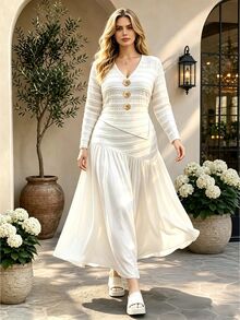 Vionelle Plus Size Elegant Textured Striped V-Neck Long Sleeve Asymmetrical Button Top + Pleated Flared Skirt 2 Pieces Set Brunch Party All White Autumn - White - View 5