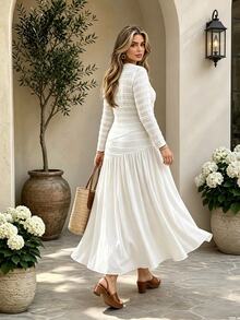 Vionelle Plus Size Elegant Textured Striped V-Neck Long Sleeve Asymmetrical Button Top + Pleated Flared Skirt 2 Pieces Set Brunch Party All White Autumn - White - View 2