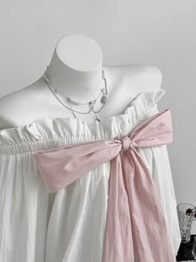 Elamini قميص نسائي كاجوال يومي بتصميم كتل لونية وزينة فيونكة وأكتاف مكشوفة - أبيض - مشاهدة 1