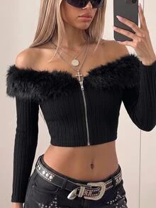 SHEIN ICON 女款黑色 Y2K 風格毛邊露肩夾克 秋冬款 - 黑色 - 查看 1