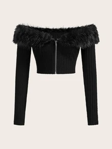 SHEIN ICON 女款黑色 Y2K 風格毛邊露肩夾克 秋冬款 - 黑色 - 查看 5