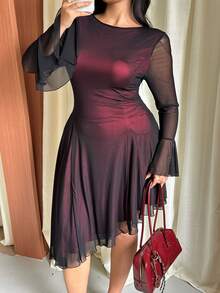 GalTyme Plus Size Elegant Commuter Mesh Flare Sleeve Asymmetric Hem Dress Fall - Burgundy - View 1