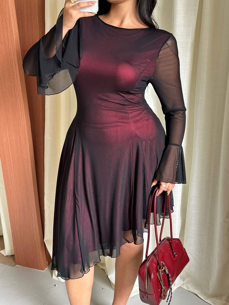 GalTyme Plus Size Elegant Commuter Mesh Flare Sleeve Asymmetric Hem Dress Fall - Burgundy - View 1