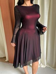 GalTyme Plus Size Elegant Commuter Mesh Flare Sleeve Asymmetric Hem Dress Fall - Burgundy - View 4
