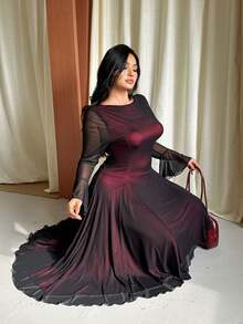 GalTyme Plus Size Elegant Commuter Mesh Flare Sleeve Asymmetric Hem Dress Fall - Burgundy - View 6
