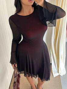 GalTyme Plus Size Elegant Commuter Mesh Flare Sleeve Asymmetric Hem Dress Fall - Burgundy - View 5