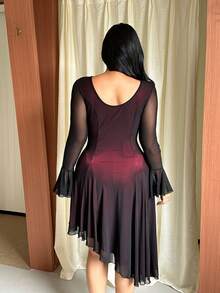GalTyme Plus Size Elegant Commuter Mesh Flare Sleeve Asymmetric Hem Dress Fall - Burgundy - View 2