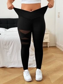 SHEIN EZwear Plus Size Casual Loose Fit Versatile Mesh Patchwork Leggings Gym Formal Black Summer - Black - View 8