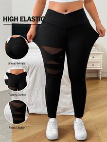 SHEIN EZwear Plus Size Casual Loose Fit Versatile Mesh Patchwork Leggings Gym Formal Black Summer - Black - View 2