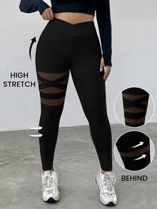 SHEIN EZwear Plus Size Casual Loose Fit Versatile Mesh Patchwork Leggings Gym Formal Black Summer - Black - View 7