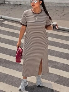 Muchica Plus Size Women's Contrast Trim Brown Slit Design Casual 1960s 90s Simple Party Homewear Formal Vacation Vacation Office Brunch Dress Summer - Multicolor - View 5