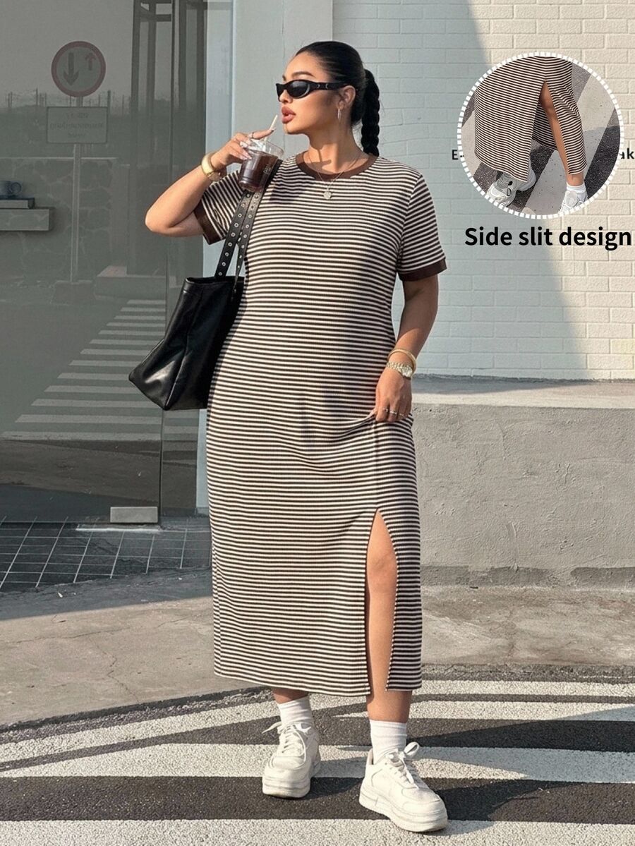 Muchica Plus Size Women's Contrast Trim Brown Slit Design Casual 1960s 90s Simple Party Homewear Formal Vacation Vacation Office Brunch Dress Summer