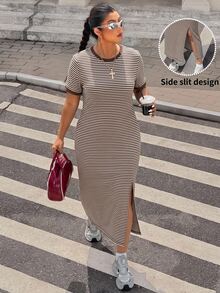Muchica Plus Size Women's Contrast Trim Brown Slit Design Casual 1960s 90s Simple Party Homewear Formal Vacation Vacation Office Brunch Dress Summer - Multicolor - View 7