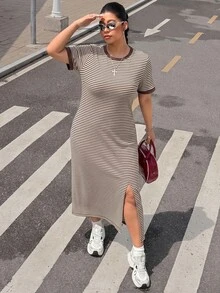Muchica Plus Size Women's Contrast Trim Brown Slit Design Casual 1960s 90s Simple Party Homewear Formal Vacation Vacation Office Brunch Dress Summer - Multicolor - View 4