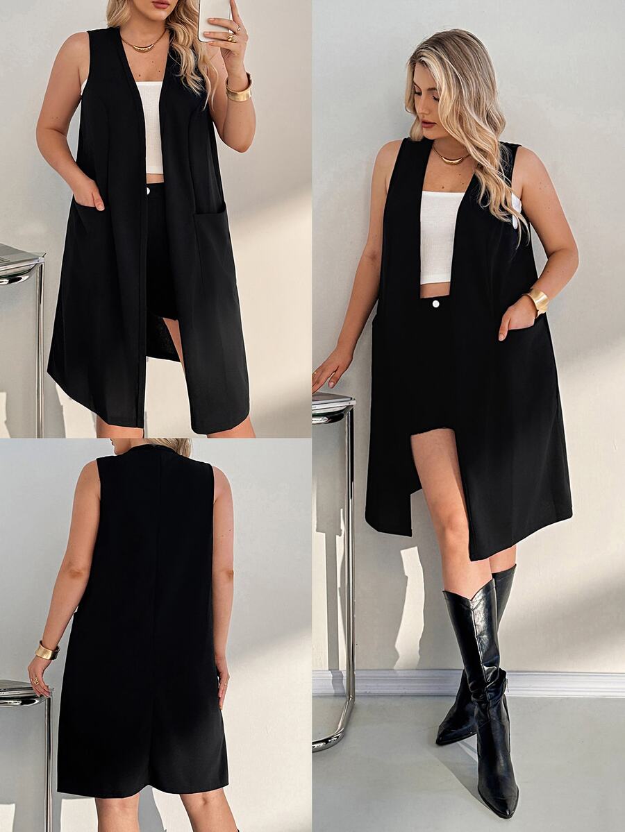 Auralis Plus Pocket Patched Open Front Vest Coat Summer Spring Fall - Black - View 1