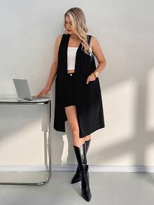 Auralis Plus Pocket Patched Open Front Vest Coat Summer Spring Fall - Black - View 6