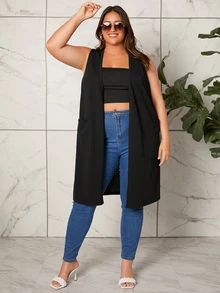 Auralis Plus Pocket Patched Open Front Vest Coat Summer Spring Fall - Black - View 7