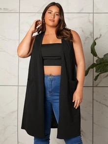 Auralis Plus Pocket Patched Open Front Vest Coat Summer Spring Fall - Black - View 5