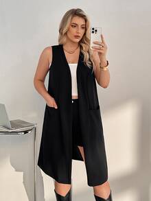 Auralis Plus Pocket Patched Open Front Vest Coat Summer Spring Fall - Black - View 3