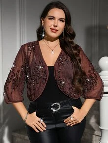 SHEIN Clasi 大尺碼女款亮片休閒優雅百搭日常穿著晚宴長袖夾克 秋季雞尾酒會正式棕色 - 棕色 - 查看 2