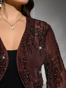 SHEIN Clasi 大尺碼女款亮片休閒優雅百搭日常穿著晚宴長袖夾克 秋季雞尾酒會正式棕色 - 棕色 - 查看 9