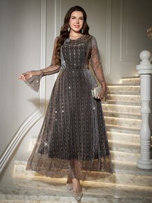SHEIN Clasi Plus Size Elegant Sequin Bell Sleeve Dress Fall - Multicolor - View 7