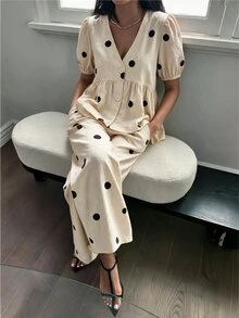 Lavishia Women's Autumn Comfortable Linen Polka Dot Set, Ruffle Top And Polka Dot Pants, Suitable For Vacation, Party And Casual Wear - Multicolor - View 6