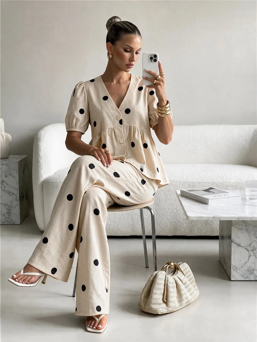 Lavishia Women's Autumn Comfortable Linen Polka Dot Set, Ruffle Top And Polka Dot Pants, Suitable For Vacation, Party And Casual Wear - Multicolor - View 1