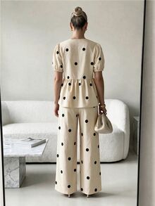 Lavishia Women's Autumn Comfortable Linen Polka Dot Set, Ruffle Top And Polka Dot Pants, Suitable For Vacation, Party And Casual Wear - Multicolor - View 2