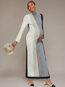 SHEIN Maternity Colorblock High Neck Long Sleeve Casual Knit Dress Winter - Multicolor - View 8