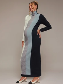 SHEIN Maternity Colorblock High Neck Long Sleeve Casual Knit Dress Winter - Multicolor - View 2