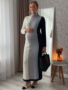 SHEIN Maternity Colorblock High Neck Long Sleeve Casual Knit Dress Winter - Multicolor - View 1