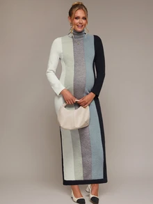 SHEIN Maternity Colorblock High Neck Long Sleeve Casual Knit Dress Winter - Multicolor - View 5
