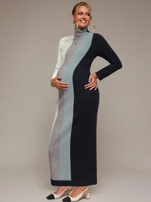 SHEIN Maternity Colorblock High Neck Long Sleeve Casual Knit Dress Winter - Multicolor - View 6