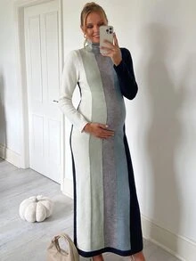 SHEIN Maternity Colorblock High Neck Long Sleeve Casual Knit Dress Winter - Multicolor - View 3