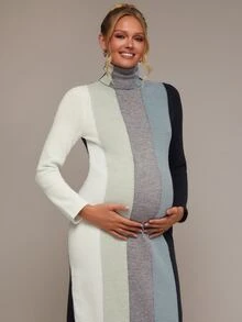 SHEIN Maternity Colorblock High Neck Long Sleeve Casual Knit Dress Winter - Multicolor - View 4
