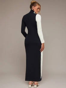 SHEIN Maternity Colorblock High Neck Long Sleeve Casual Knit Dress Winter - Multicolor - View 9