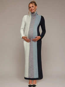 SHEIN Maternity Colorblock High Neck Long Sleeve Casual Knit Dress Winter - Multicolor - View 7
